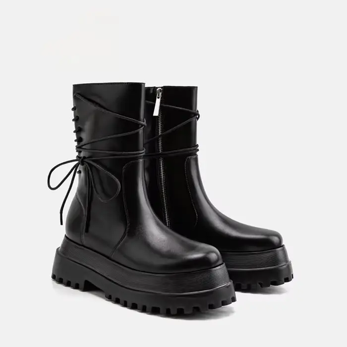 Chaussures de motard en cuir pour femmes, mi-mollet, bottes noires pour dames, plateforme mi-haute, 