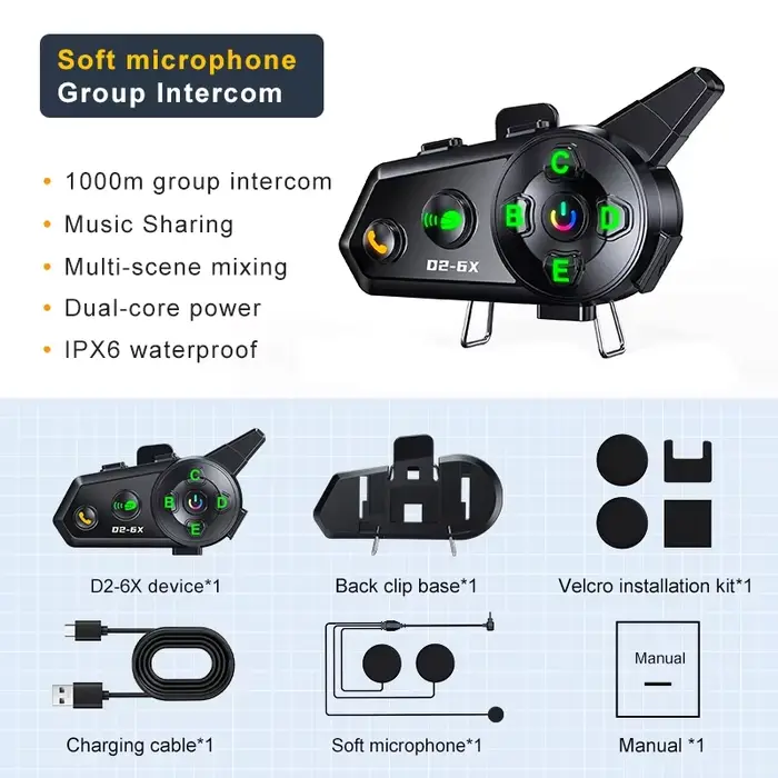 Casque de moto D2-6X Bluetooth Intercom 6-Mortgage Switching Intercom Distance 1000 mètres Multi-scè