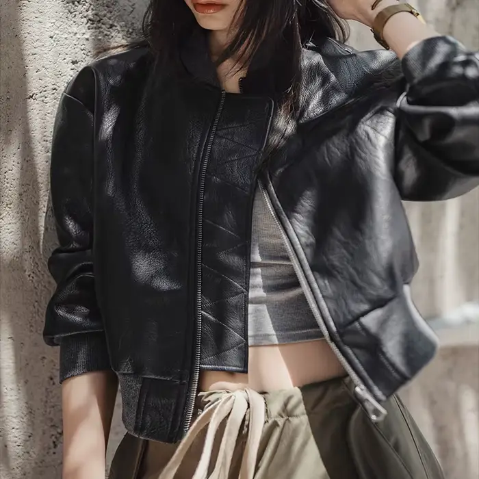 Maden – veste de motard en Faux cuir pour femme, manteau court à fermeture éclair, rétro, Streetwear