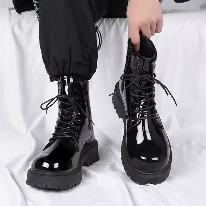 2025 nouveaux hommes noir en cuir verni Style britannique moto botte Couple extérieur haut en cuir i