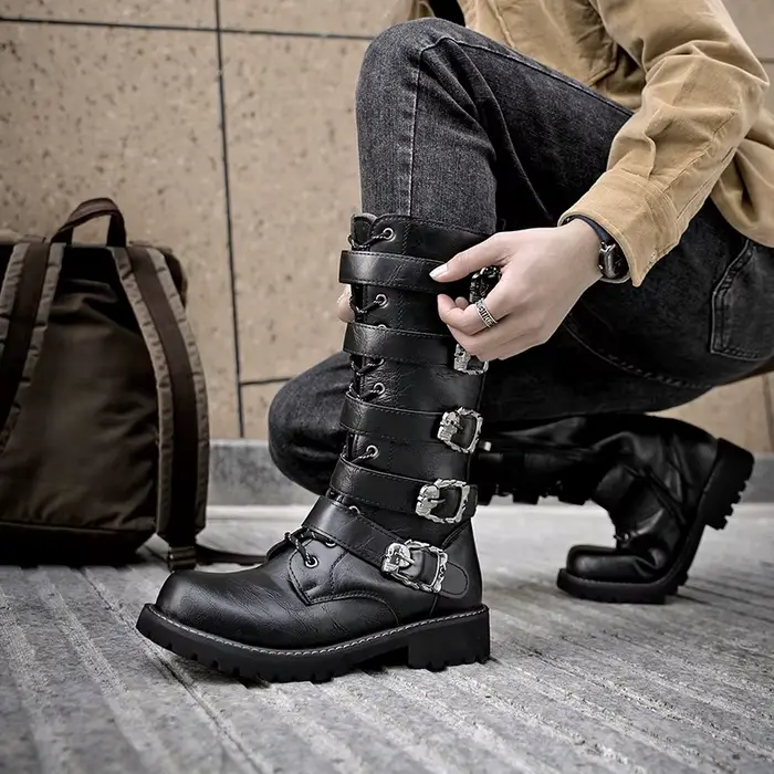 Bottes de motard gothiques Punk pour hommes, bottes d'équitation hautes avec boucle et fermeture écl