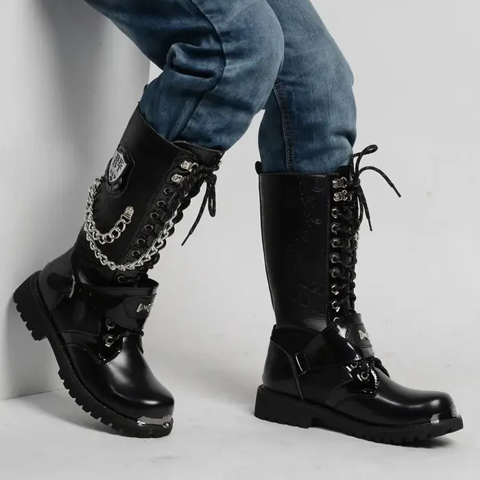 Hommes mode moto bottes mi-mollet bottes gothique ceinture Punk bottes hommes chaussures haut bottes décontractées Zapatos Hombre
