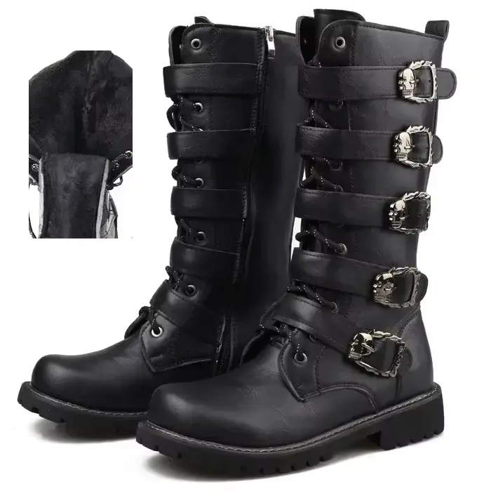 Bottes de moto en cuir pour hommes, bottes de Combat gothiques avec chaîne Punk, mi-mollet, platefor