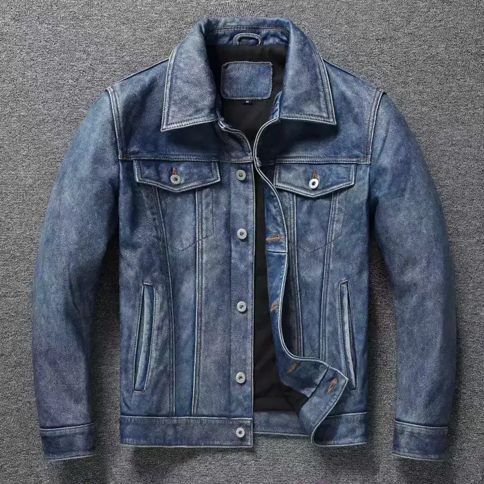 DistMurcia Veste en cuir véritable pour homme, bleu clair, denim, mince, court, moto, rétro, 2,4