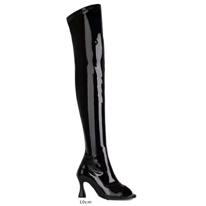 Bottes de moto en cuir noir élastique, bottes au-dessus du genou, bouche de poisson ouverte, Parker,