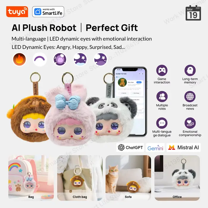 Robot en peluche intelligent Tuya AI avec yeux LED et commande vocale