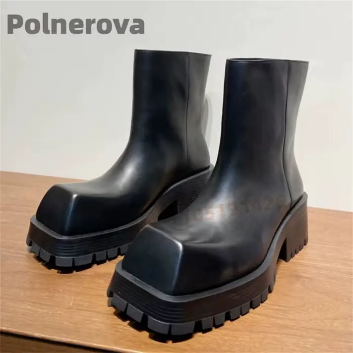 Bottes de moto à bout carré et semelle épaisse pour femmes et hommes, plateforme épaisse, cuir noir,