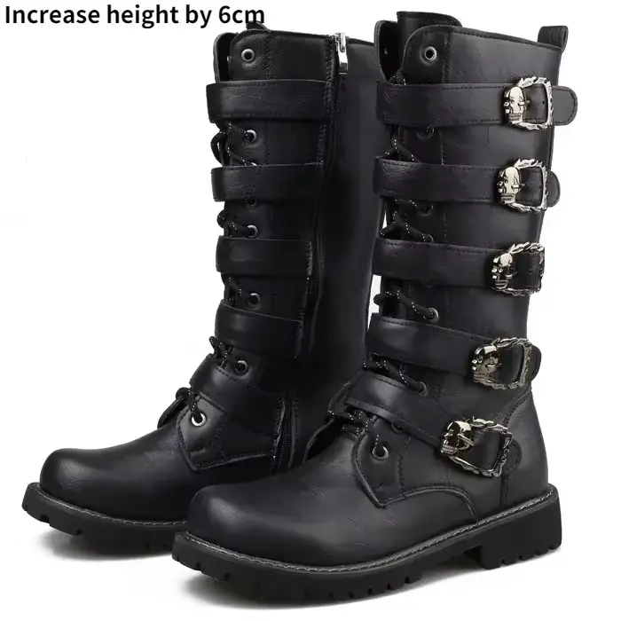 Bottes de moto en cuir pour hommes grande taille, mi-mollet, style combat, gothiques, punk, avec cei