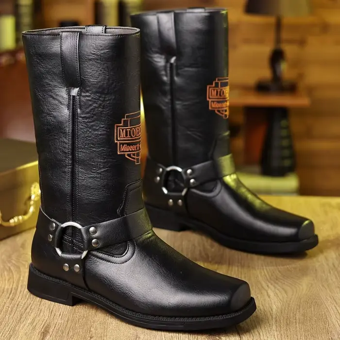 Bottes en cuir pour hommes avec manchon brodé rétro pour bottes de moto, bottes de cowboy western à 