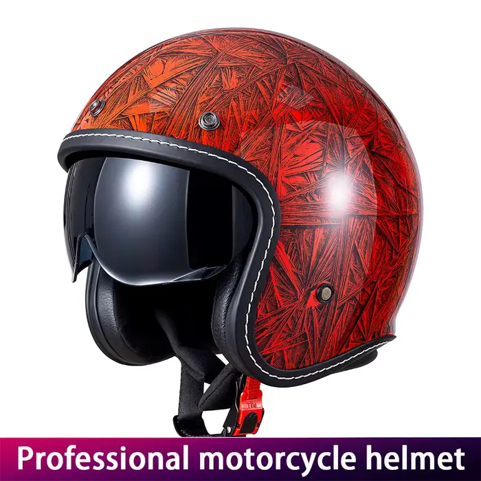 Casque de moto Vintage rouge trois-quarts mâle femelle double lentille Cruiser Biker couvre-chef Protection avec fonction miroir