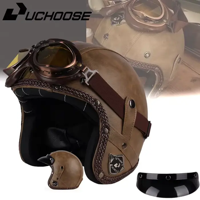UCHOOSE casque de Moto rétro en cuir PU visage ouvert 3/4 Chopper casques de vélo classique Casco
