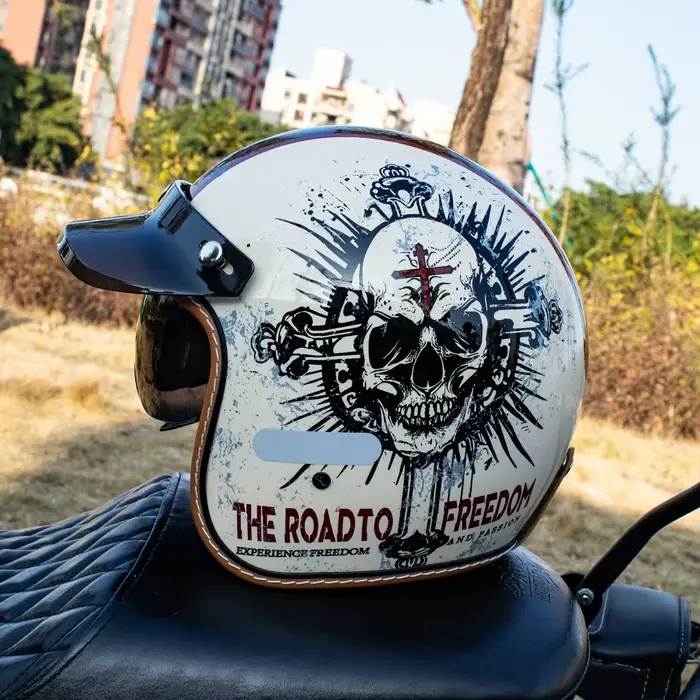 Casque de moto rétro 3/4 avec motif de crâne pour vélos de croisière et scooters, couvre-chef de pro