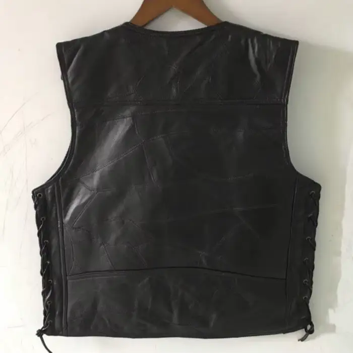 Gilet de moto en cuir noir réglable avec lacets latéraux pour homme