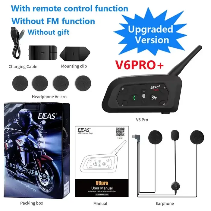 EJEAS V6 PRO + casque de moto interphone Bluetooth casque CVC IP67 étanche talkie-walkie 6 coureurs 