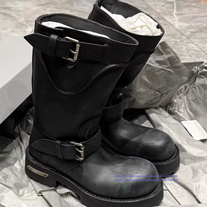 Bottes de moto en cuir noir pour hommes