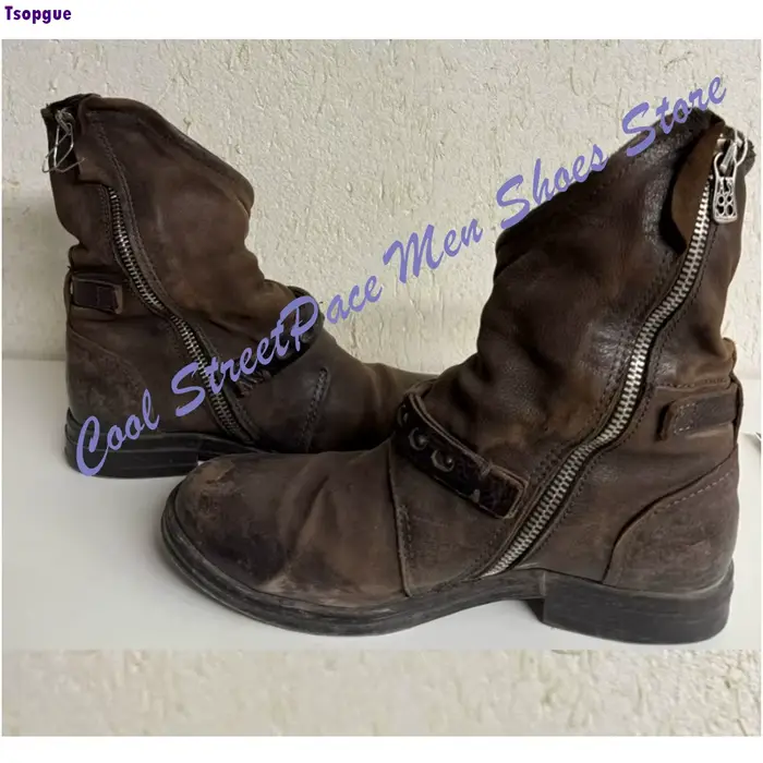 Bottes Biker American Vintage pour Homme en Cuir Marron Vieilli avec Double Boucle et Rivets Décoratifs, Talon Bas, Style Gothique Cool, Mi-Mollet