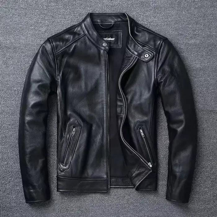 Vestes de course noires Vintage pour hommes, veste de moto rétro à col montant, vêtements en cuir de