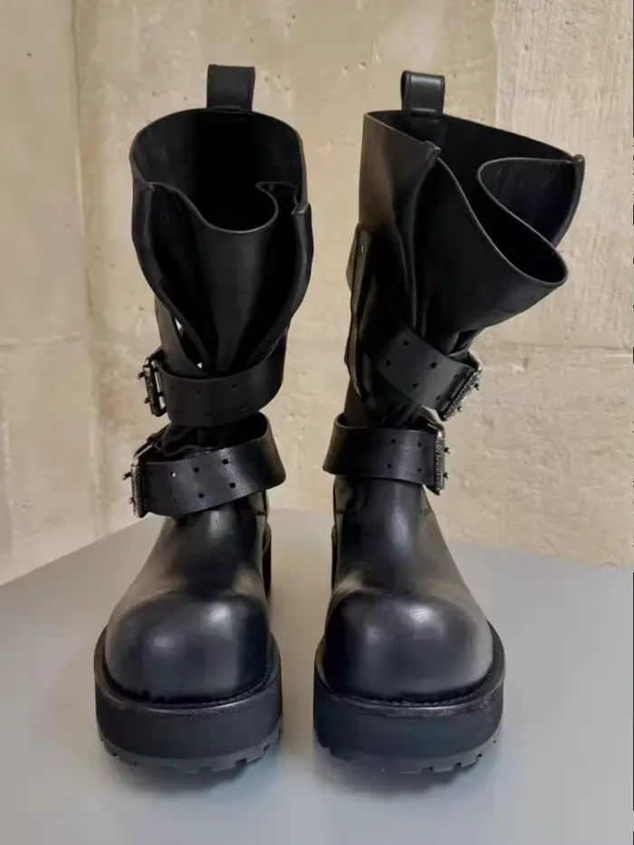 Bottes longues de moto à boucle de ceinture pour hommes et femmes, style rétro vintage, bottes haute