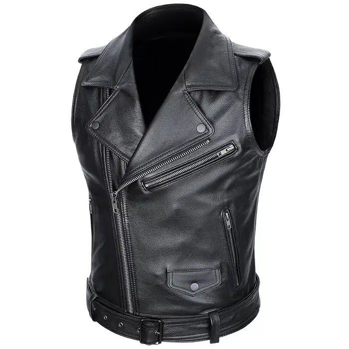 Veste de moto classique en cuir de vachette pour homme, fermeture à glissière oblique, vestes en fib