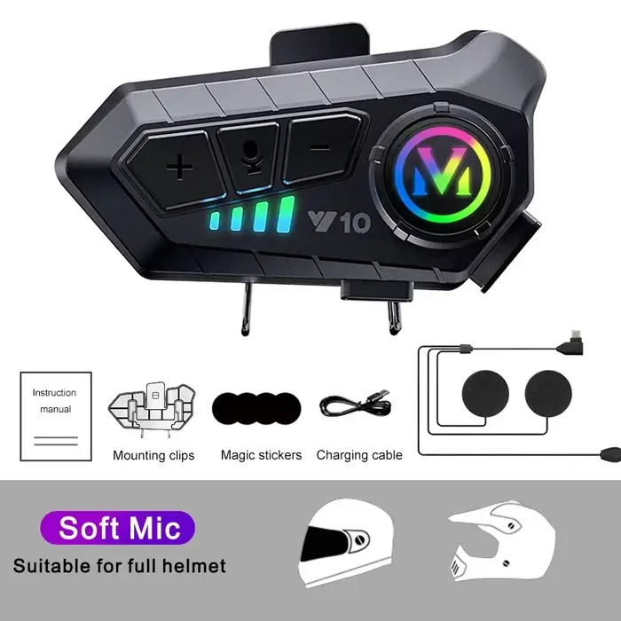 Casque de moto Y10 avec commande vocale stéréo Bluetooth 5.3, appels mains libres, étanche IPX6, 100