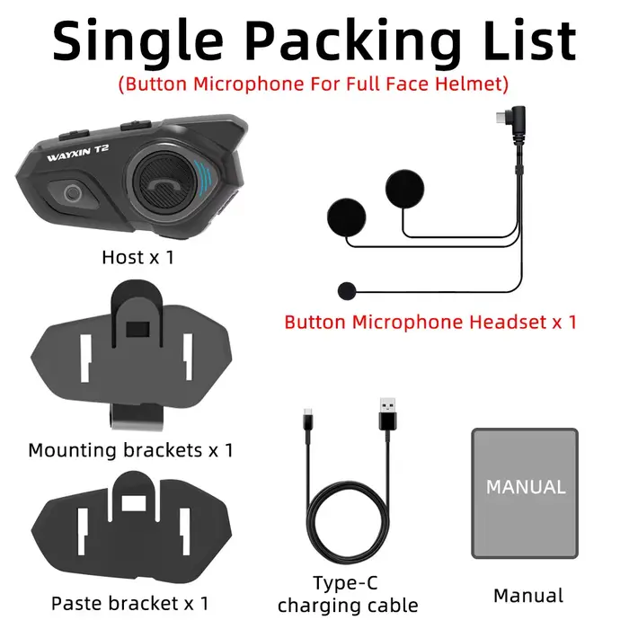 WAYXIN Casque T2 Moto Bluetooth Interphone Pour 2 Cavalier 300M Intercomunicador Moto Interphone BT 