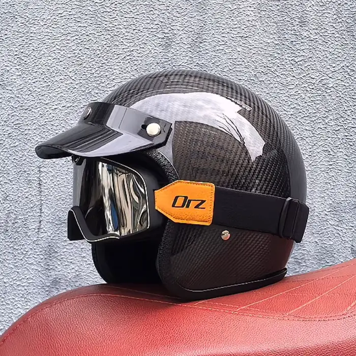 Casque de Moto Rétro en Fibre de Carbone pour Homme et Femme, Ouvert au Visage, Vintage, Quatre Sais
