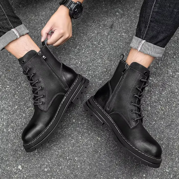 Bottes de moto en cuir véritable pour hommes, chaussures à lacets, fermeture éclair, haut, couple, a