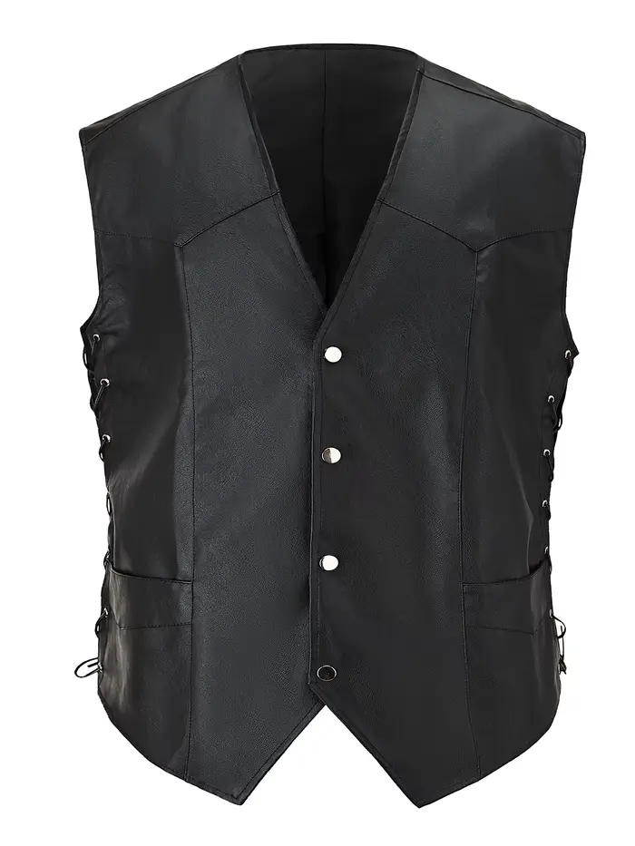 Gilet de moto vintage pour hommes – Mélange PU et polyester, design élégant avec poches zippées, con